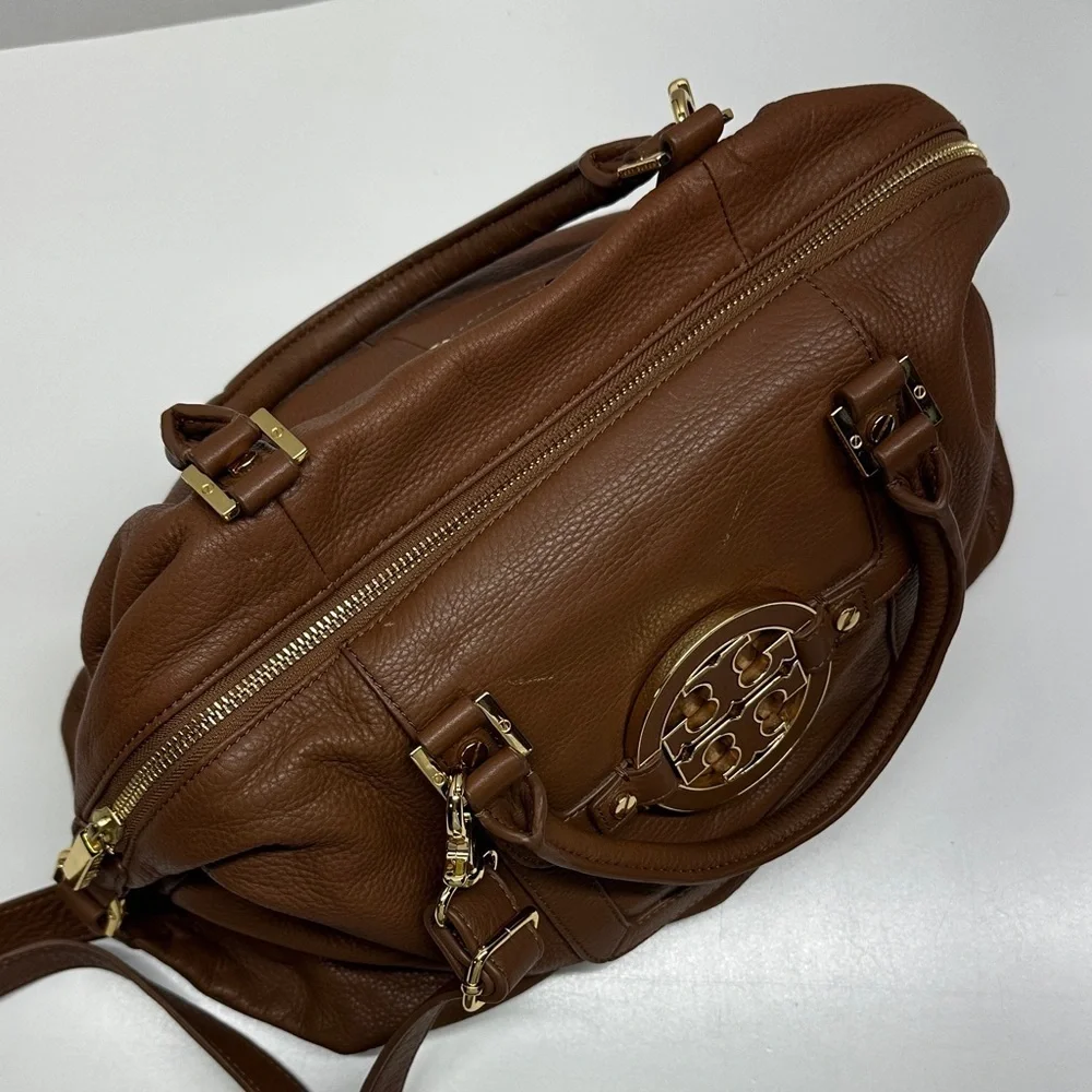 Tory Burch Amanda Satchel Purse Leather Handbag Crossbody Bag Tan Brown Gold